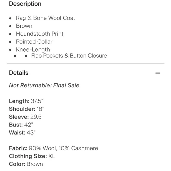 Rag & Bone Darwen coat, size medium, wool & cashmere houndstooth coat - Picture 8 of 14